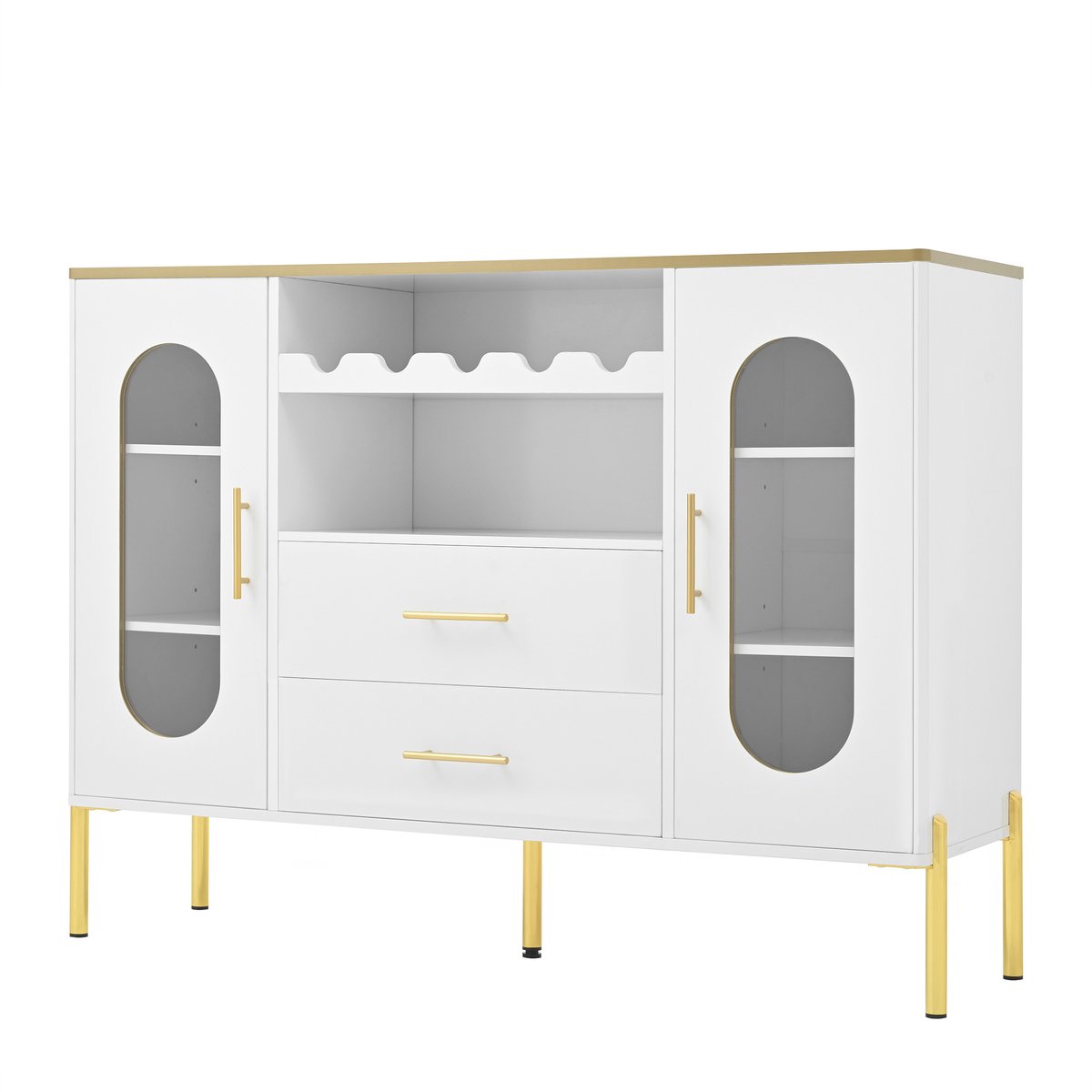Sideboard 120 cm Met Wijnrek - Ovale Glasdeuren - Gouden Accenten & Inklapbaar Been