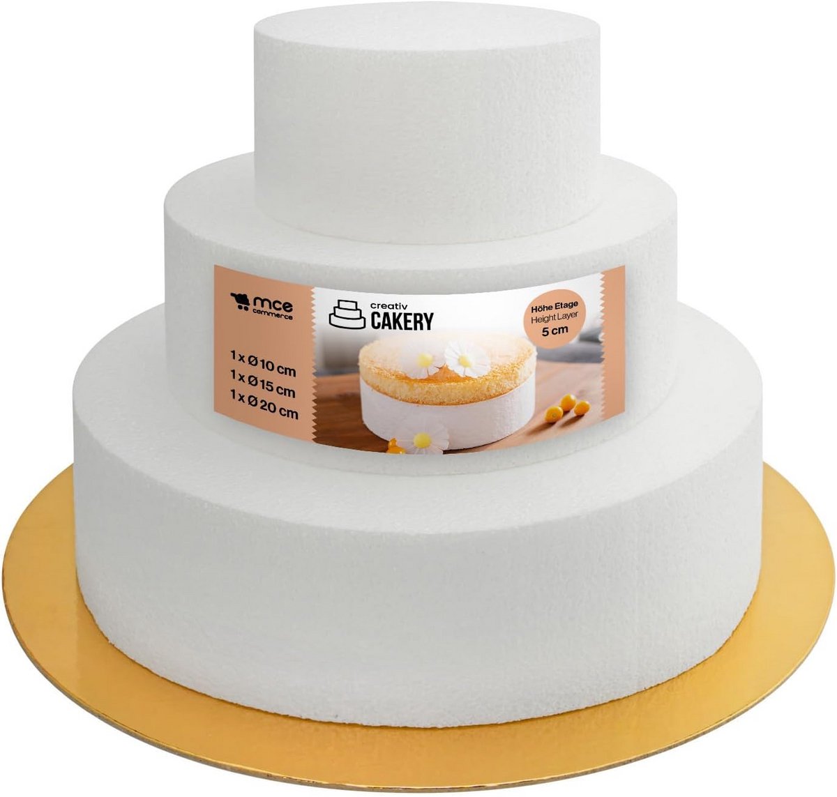 Styrofoam Cake Mold Set - 3 Levels for Birthday Cakes - Golden Base - Ø 10/15/20 cm
