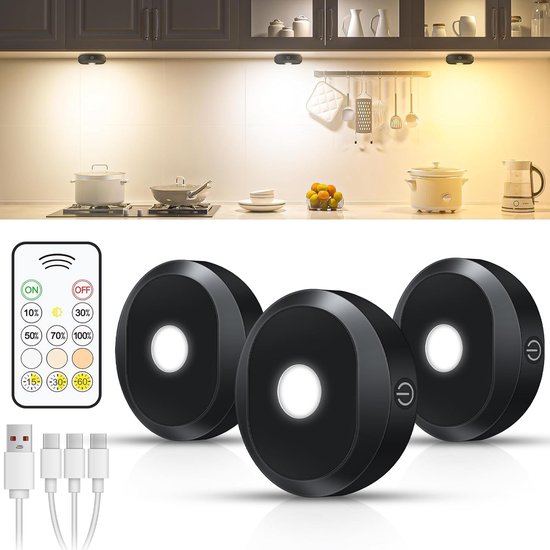 Sounix Kastverlichting Draadloos - Draadloze Spotjes Met afstandsbediening - USB Oplaadbare - Dimbaar - 3 stuks - Zwart