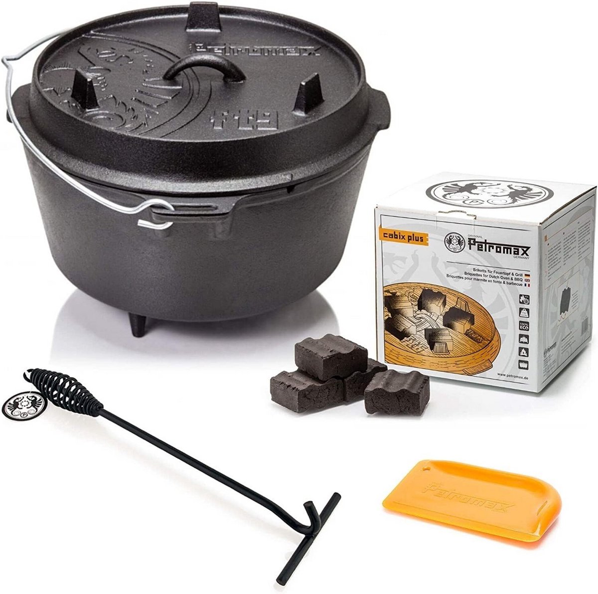 Dutch Oven Set met Pootjes - 9QT Vuurpan, Deksellifter, Schraper en Briketten