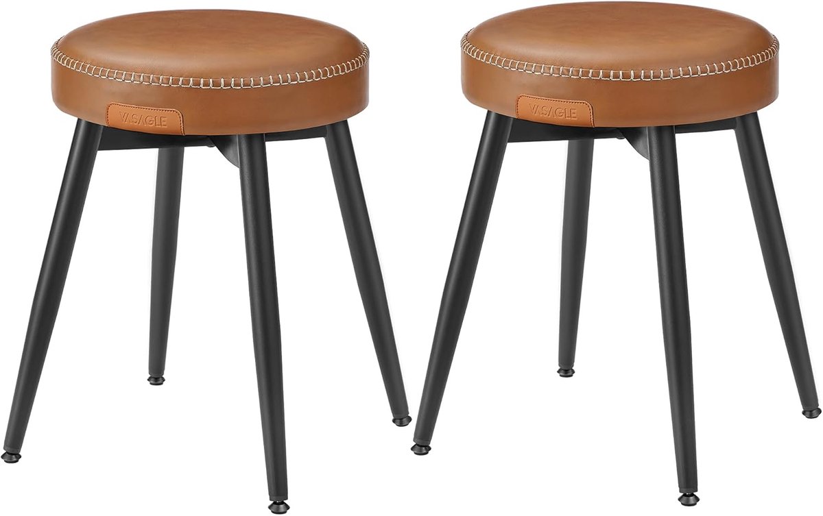 Furnstar EKHO Eetkrukken Set van 2 – Keukenkruk – Gewatteerde PU Zitting met Stiksels – Mid-Century Modern – Zithoogte 48,2 cm – Caramelbruin