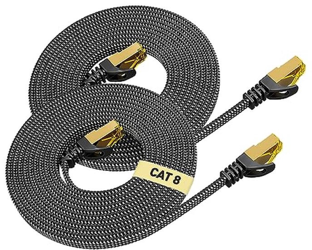 Cat8 Ethernet Kabel 1m 2 Stuks Gevlochten Plat Hoge Snelheid 40 Gbps 2000 Mhz