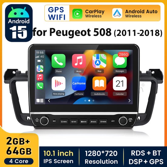 Inefala 8 Core/4G 64G Autoradio Android 13 pour Peugeot 508 2012-2016 avec Wireless Carplay Android Auto écran Tactile 9 avec GPS WiFi DSP USB FM/RDS SWC Caméra de Recul & Mic