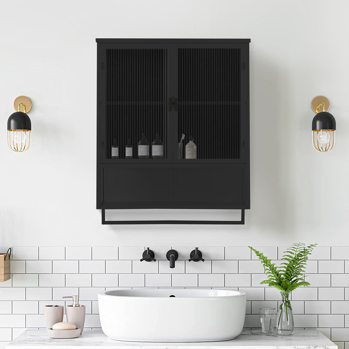 MODFU Opbergkast 60x23x78 cm van metaal en glas, wandmontage, met deuren, open plank en ha