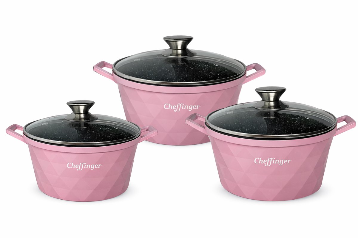 Babij Cooking Diamond Line Pannenset 6-delig – 20/24/28 cm – Roze – Voor Alle Warmtebronnen