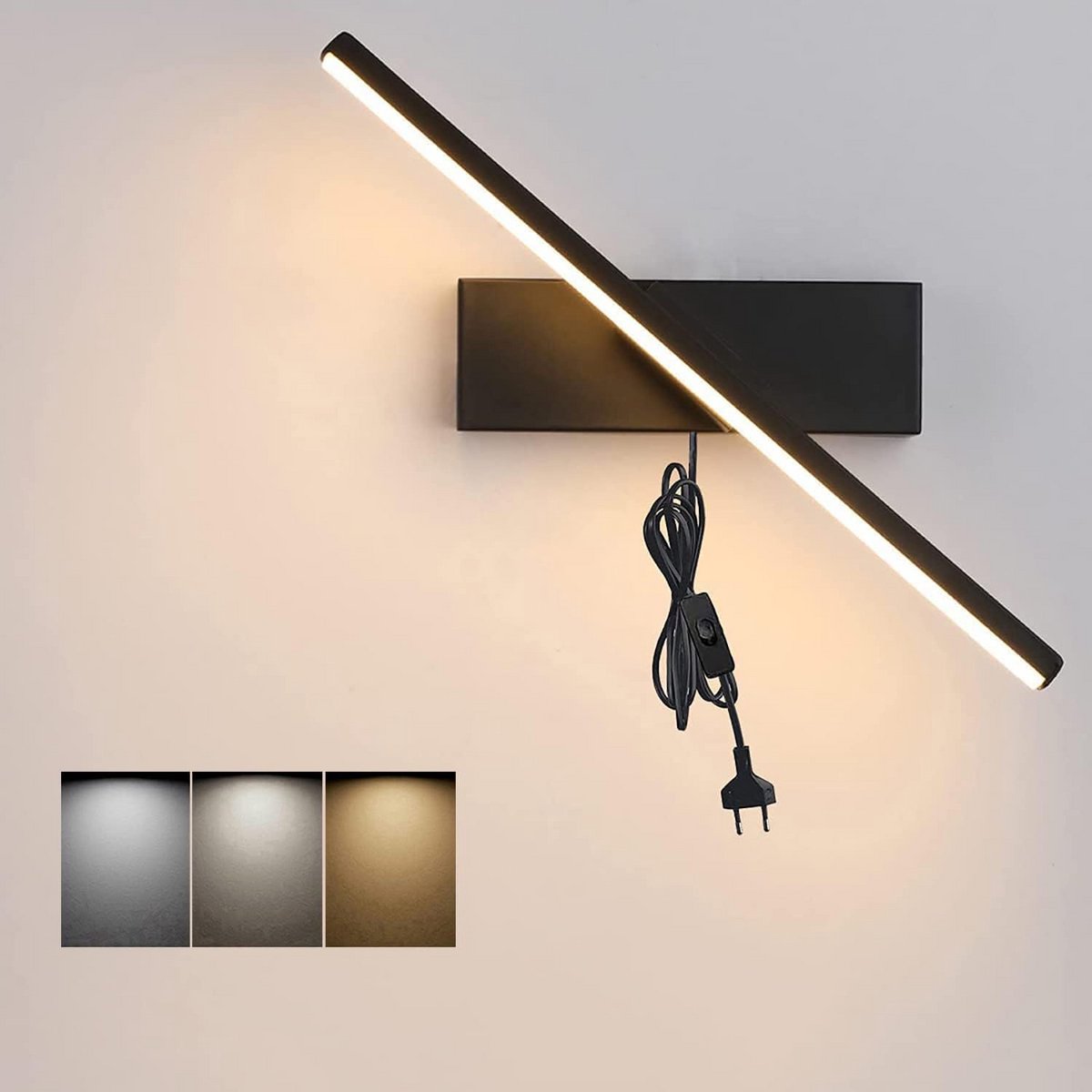 Draaibare LED Wandlamp met Stekker en Schakelaar - Dimbaar Zwart Leeslamp voor Slaapkamer 