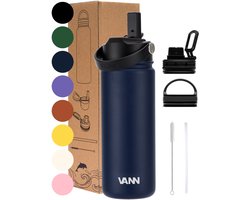 VANN® 3-Wandige RVS Waterfles 500 ML met rietje voor volwassenen – Met 5 accessoires – bidon – 24 uur koud/12 uur warm – Blauw – VANN Ultimate Bottle®
