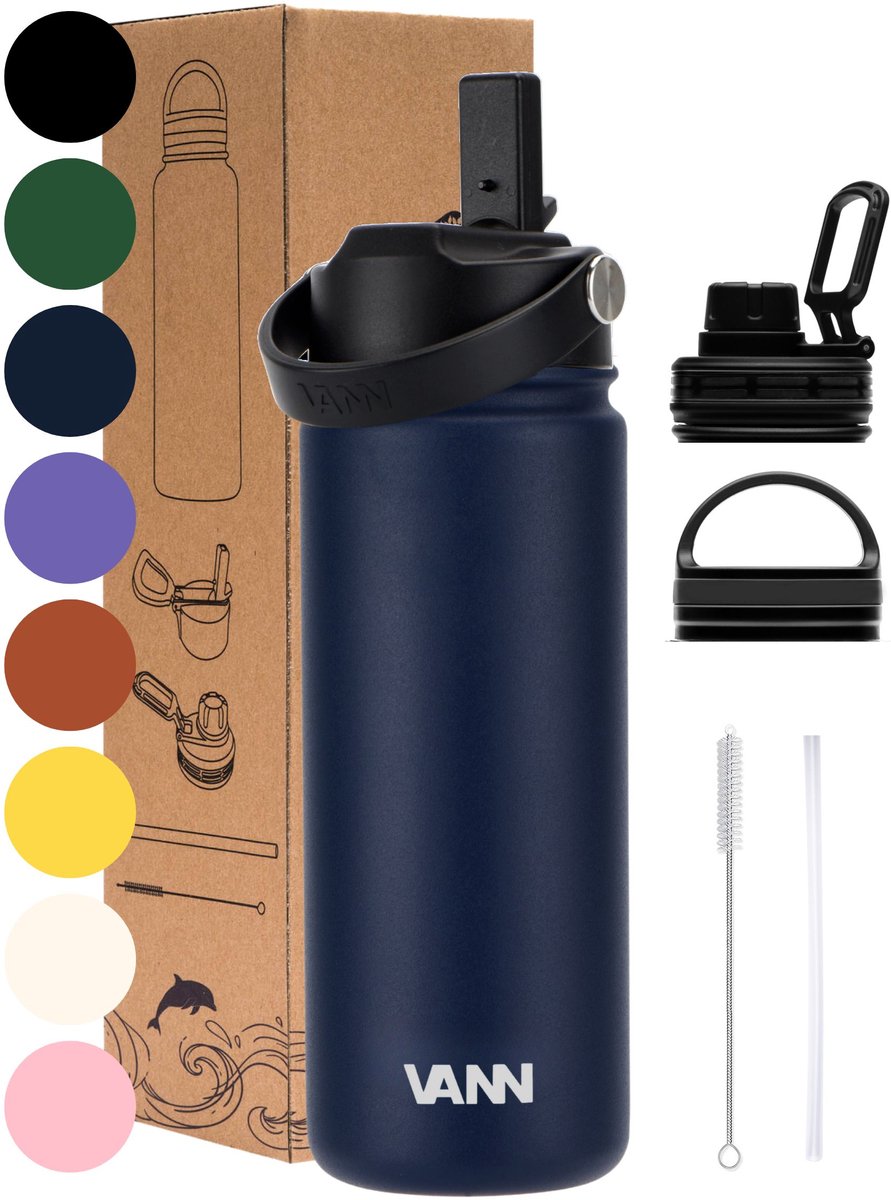 Bol.com VANN® 3-Wandige RVS Waterfles 500 ML met rietje voor volwassenen – Met 5 accessoires – bidon – 24 uur koud/12 uur warm –... aanbieding
