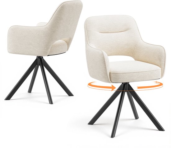 Twee beige stoffen stoelen met armleuningen, elk op een zwarte, draaibare driepootbasis.
