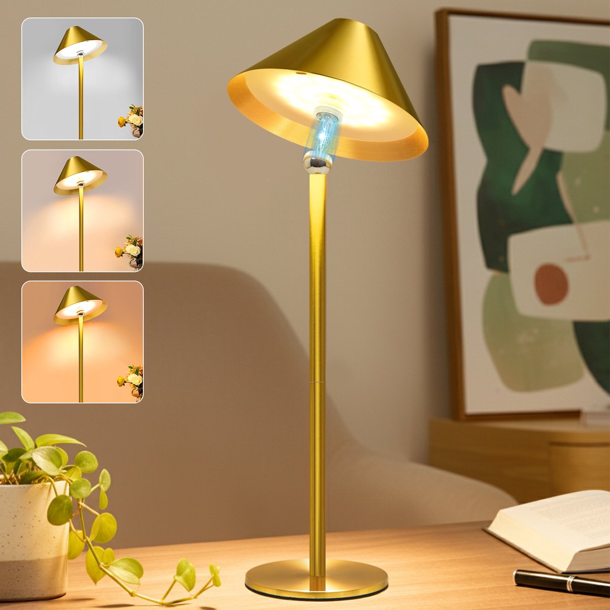 Rosnek Decoratieve Tafellamp met Kap - 3 Kleuren Touch Bediening - 360° Magnetisch Draaibaar Design, 4000 mAh Dimbare LED Tafellamp, Oplaadbare Industriële Slaapkamer/Woonkamer Lamp voor Binnen & Buiten(Goud)