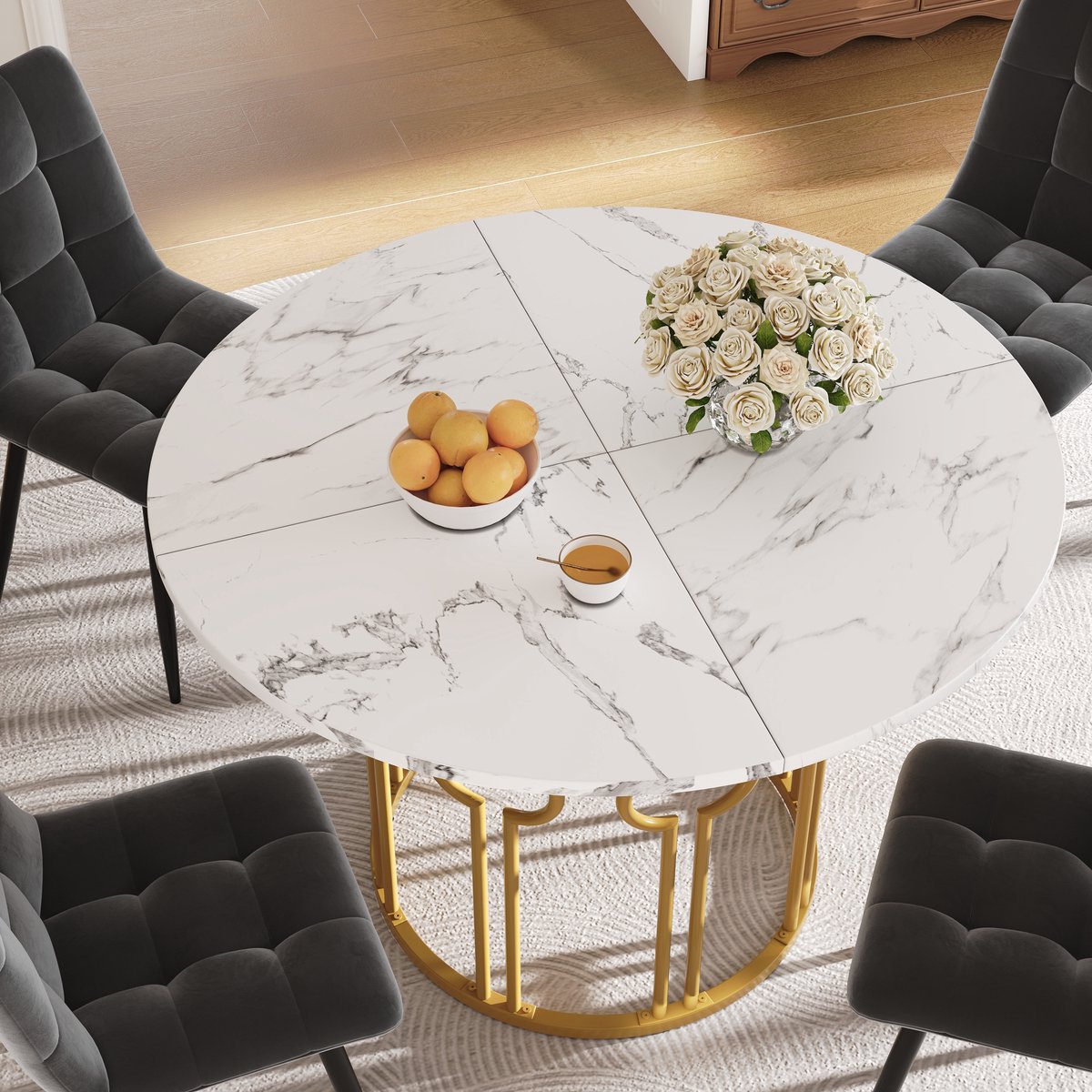 Ronde eettafel 100x100x76 cm - keukentafel - koffietafel - tafelblad met marmerpatroon - gouden ronde tafelpoten