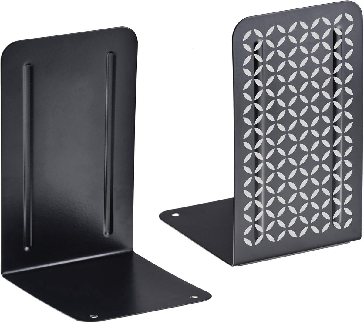 Stunq® Premium Metalen Boekensteunen Antislip Heavy Duty (zwarte boekensteun met zilverkleurig ontwerp) (1 paar)