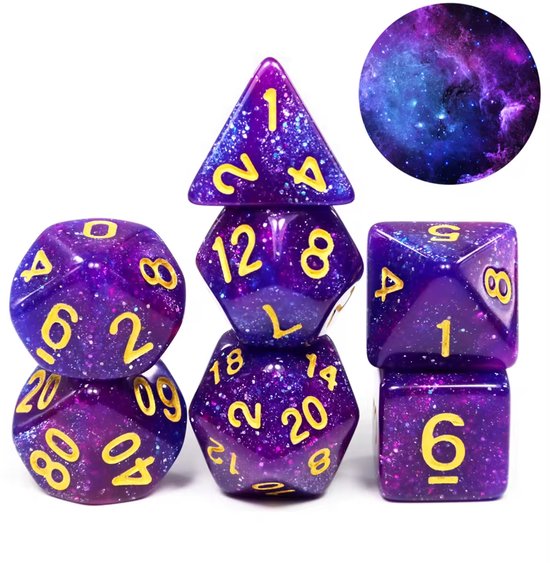 7x dobbelstenen - Set van verschillende dobbelstenen - D4, D6, D8, D10, D12, D20, D% - Geschikt voor Dungeons & Dragons en andere spellen - Paars met goud - Jonyx