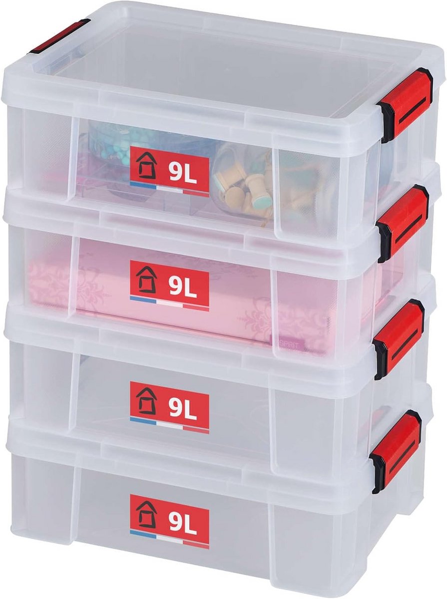 Set van 4 Transparante Stapelbare Opbergboxen 9L met Clipdeksel