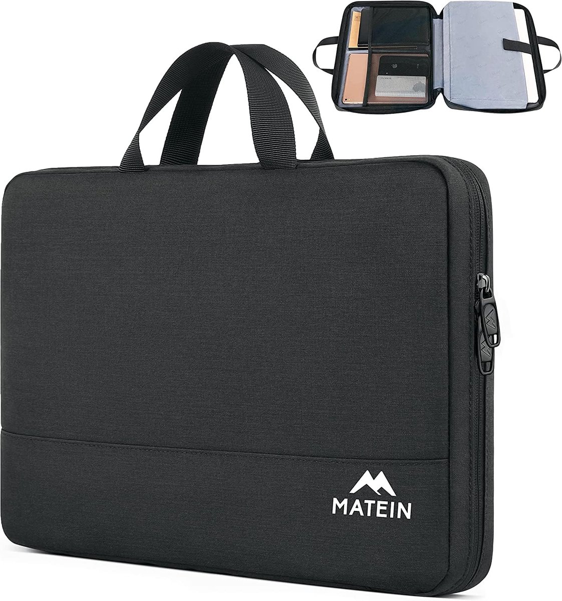 Matein Laptophoes 15,6 inch, Waterdichte Slim Laptop Sleeve en Canvas Aktetas voor Unisex, Draagtas met Handvat, TSA Vriendelijk, Compatibel met Lenovo HP Dell Apple Notebooks, Zwart