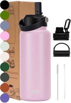 VANN® 3-Wandige RVS Drinkfles 1 Liter met rietje voor volwassenen – Met 5 accessoires – Thermosfles – 24 uur koud/12 uur warm – Pink – Cadeau voor man en vrouw – VANN ULTIMATE BOTTLE®