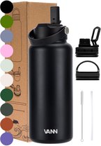 VANN® 3-Wandige RVS Drinkfles 1 Liter met rietje voor volwassenen – Met 5 accessoires – Thermosfles – 24 uur koud/12 uur warm – Zwart – VANN ULTIMATE BOTTLE®