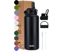 Omslag van VANN® 3-Wandige RVS Drinkfles 1 Liter met rietje voor volwassenen – Met 5 accessoires – Thermosfles – 24 uur koud/12 uur warm – Satin Noir – Cadeau voor man en vrouw – VANN ULTIMATE BOTTLE®
