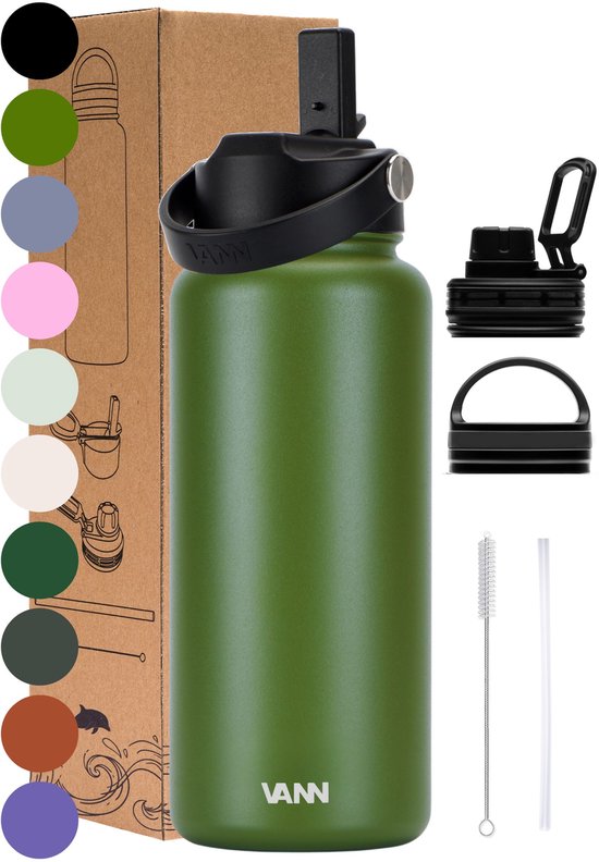 VANN® 3-Wandige RVS Drinkfles 1 Liter met rietje voor volwassenen – Met 5 accessoires – Thermosfles – 24 uur koud/12 uur warm – Groen – VANN Ultimate Bottle®