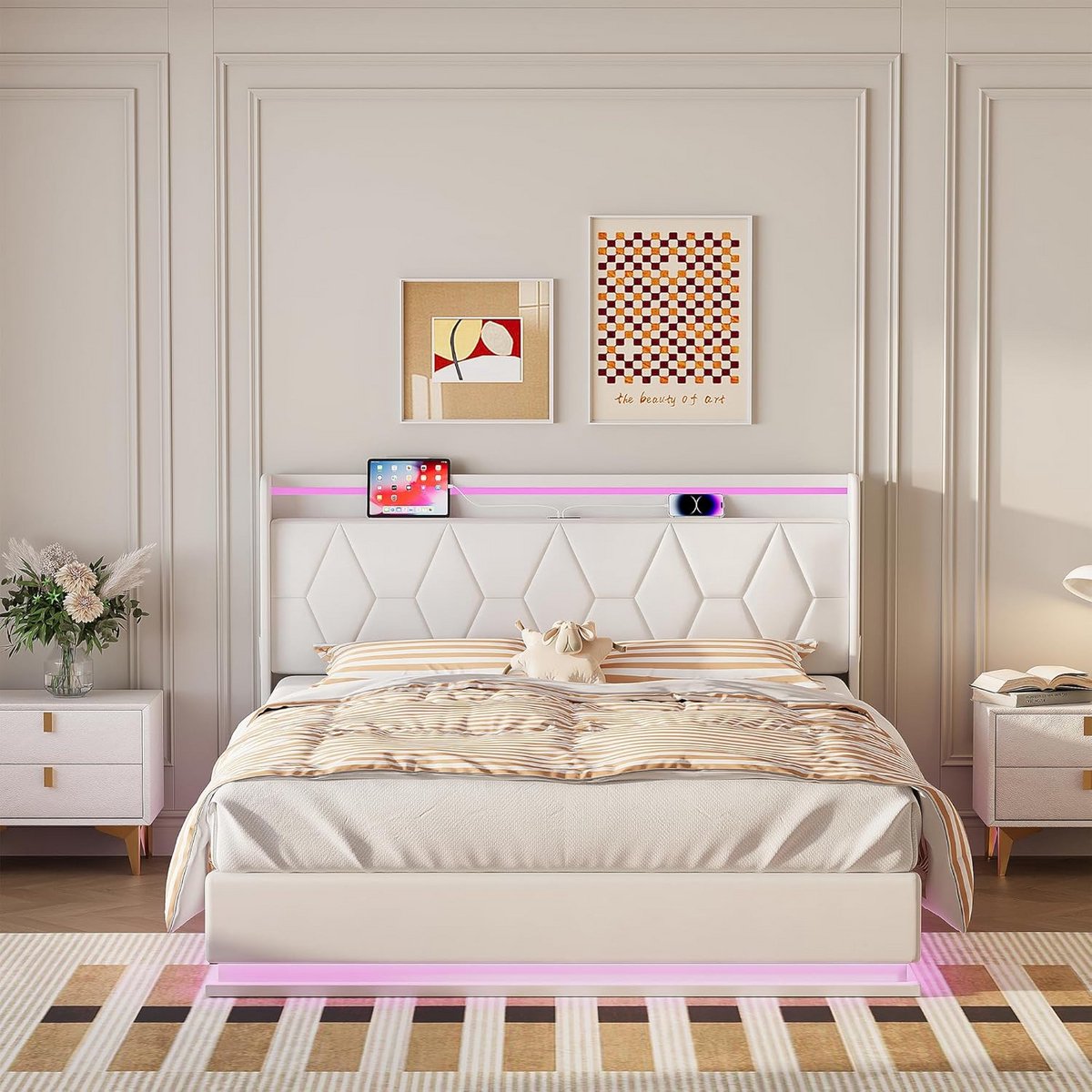 Tweepersoonsbed met opbergruimte 160x200 cm - Gestoffeerd met LED en USB