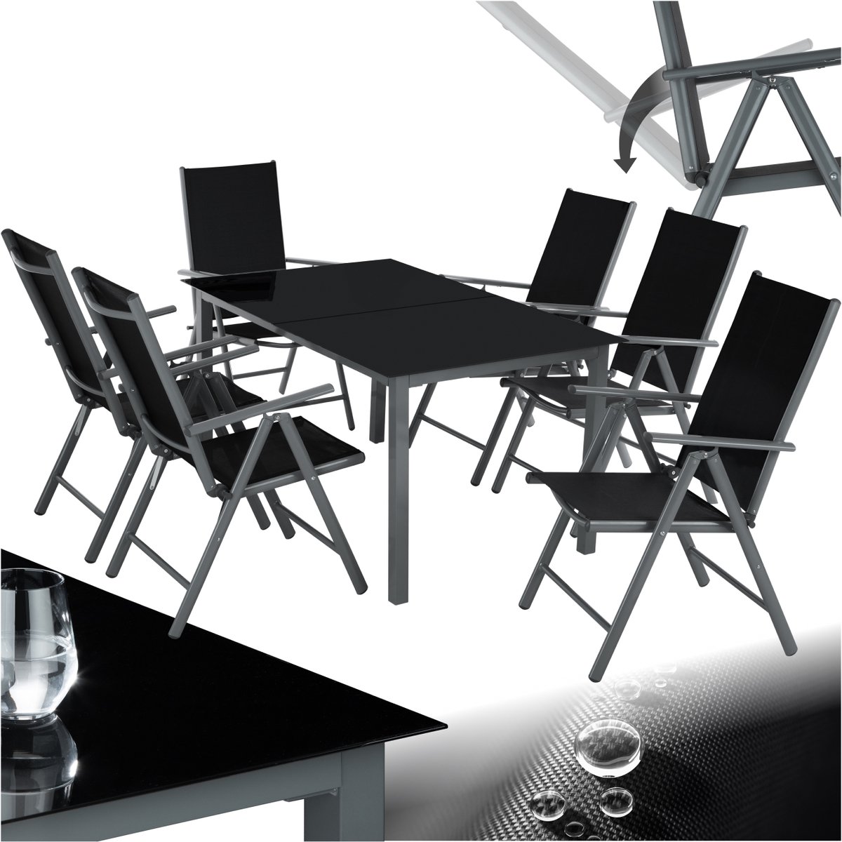tectake® Tuinset - Tuintafel met Tuinstoelen - 6 Stoelen en 1 Tuintafel met Glazen Blad - Weerbestendige Tuinmeubelset voor het balkon of tuin - 6 Personen - Antraciet