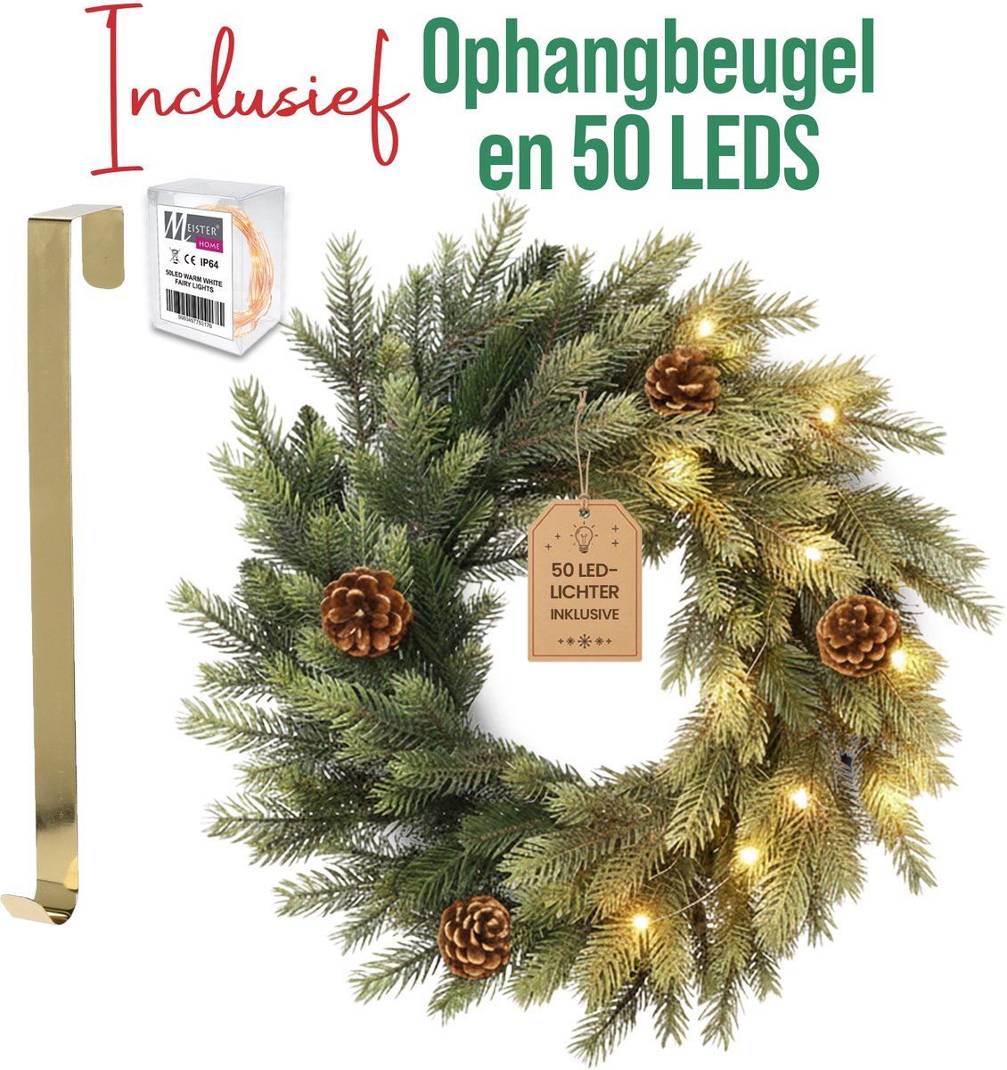 Meisterhome® Kerstkrans 50 cm – Inclusief 50 LED Lampjes – Elegante Gouden Ophangbeugel – Geschikt voor Binnen & Buiten - Kerst krans