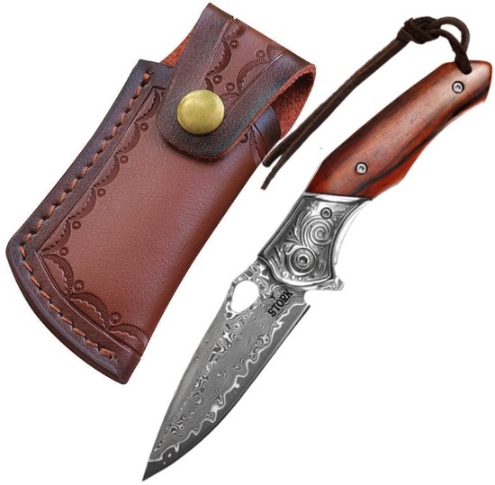Couteau de poche Damas avec housse en cuir - Acier Damas - Survie - Couteau Plein air - Couteau de poche - Couteaux de poche - Couteaux de poche - Manche en bois - Robuste - Couteau de camping - Couteau de chasse - Camping - 18cm - Astuce cadeau