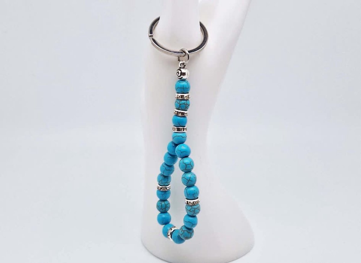 Handgemaakte Tasbih sleutelhanger van natuursteen "Turkoois" en metaal - diameter kralen 8mm - Aantal stenen 20 - Een mooi cadeau-idee en een bijzonder aandenken