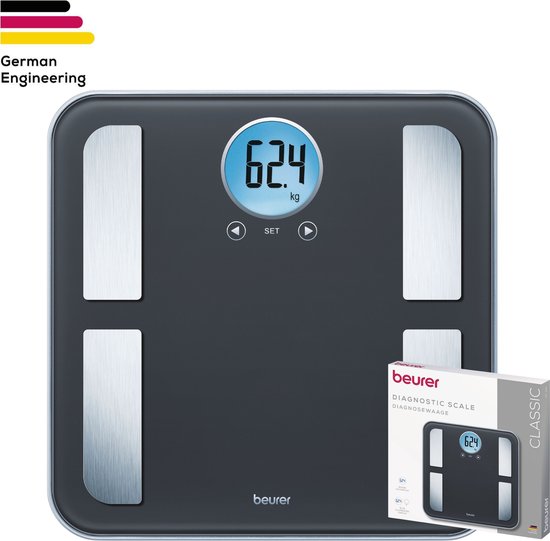 Beurer BF 195 Personenweegschaal - Uitgebreide lichaamsanalyse - BMI - AMR - 10 Gebruikers - Tot 180 kg - Rond verlicht LCD display - RVS elektroden - Incl. batterijen - 5 Jaar garantie - Zwart