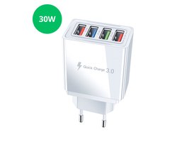 Bazzzy® Fast Charger - Snellader - 4 in 1 Snel Lader - USB Stekker Wit - Oplader voor Iphone / Samsung - Universele Adapter Met 4 USB Poorten - Telefoonstekker - Oplaadstekker