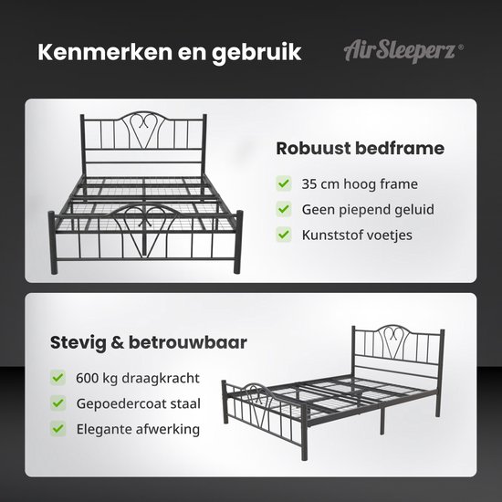 Cadre de lit en métal AirSleeperz Orkide Coloris noir - Dimensions 140x200 cm - Pour 2 personnes - Heavy : capacité de charge 600 kg