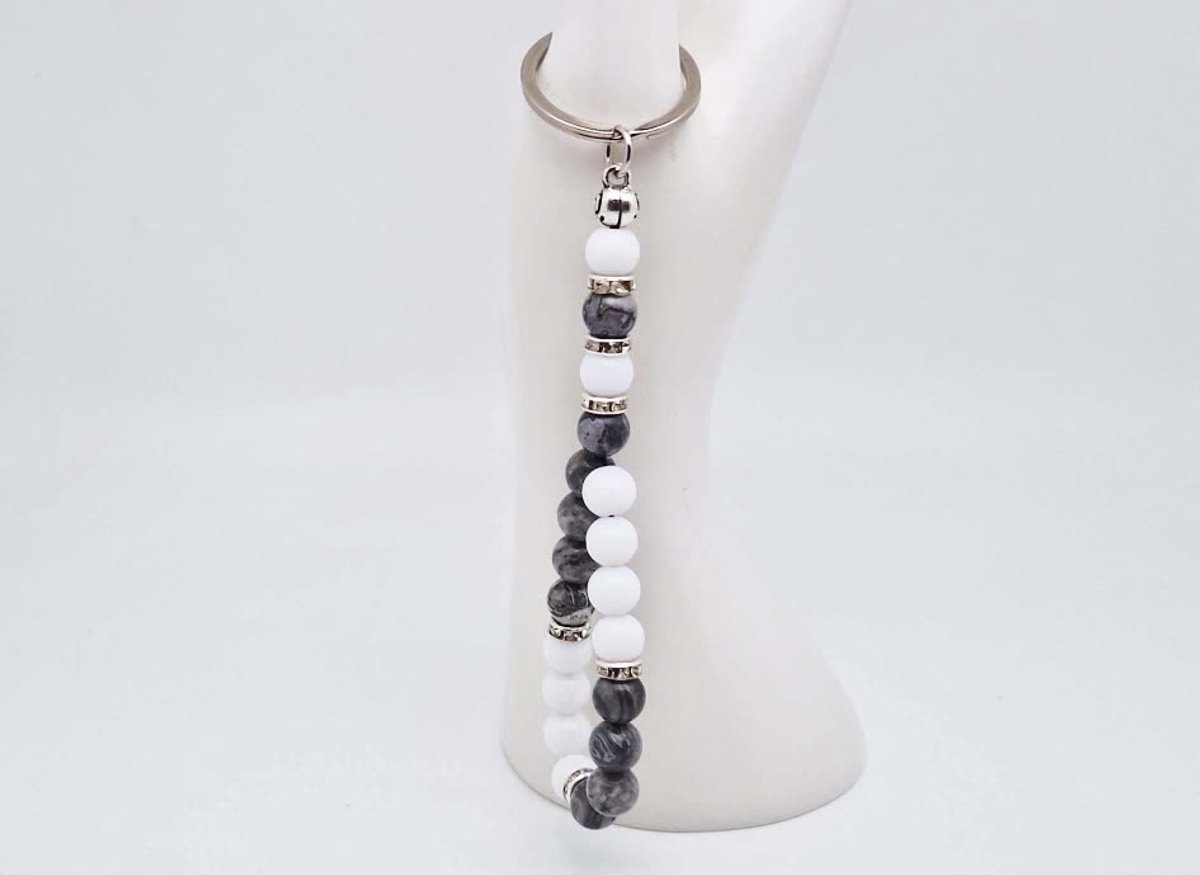 Handgemaakte Tasbih sleutelhanger van natuursteen "Witte Agaat-Map Jaspe" en metaal - diameter kralen 8mm - Aantal stenen 20 - Een mooi cadeau-idee en een bijzonder aandenken