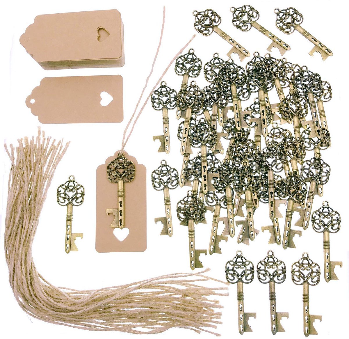 50 x sleutelflesopener met kraftpapier, cadeauhangers met jute bindgaren, vintage sleutels voor bruiloft, gastgeschenk, feestaccessoires, bar benodigdheden