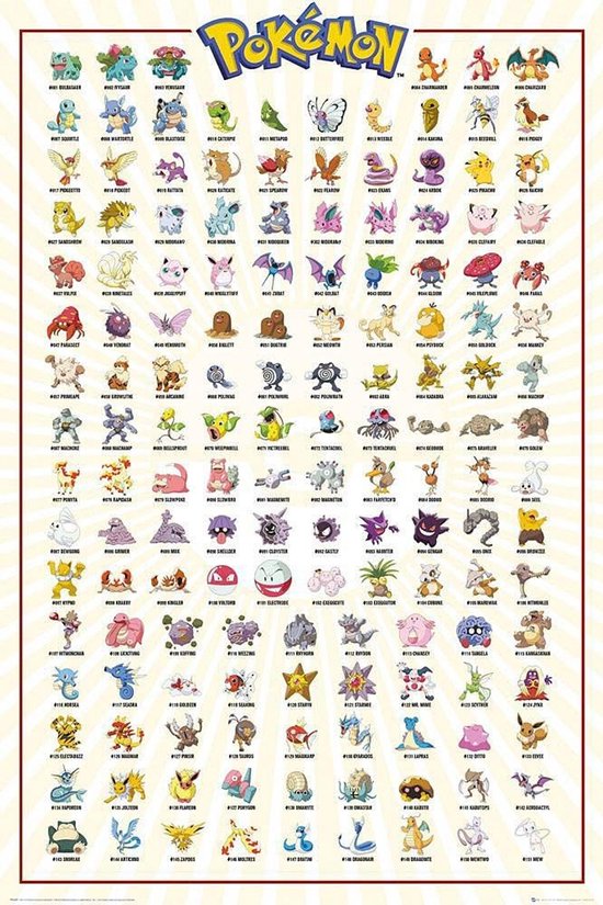 Pokémon-personageposter met een crèmekleurige achtergrond en 151 originele Pokémon.