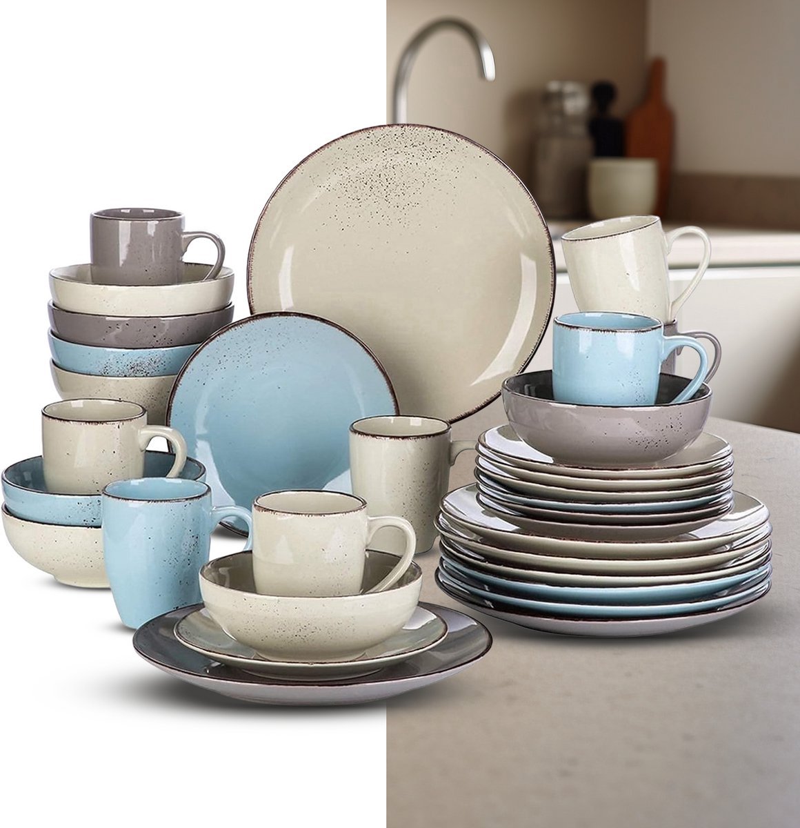 Luxe Serviesset – 32 delig – 8 persoons – Keramiek - Bordenset – Dinner platen – Dessertborden - Kommen - Mokken - Meerkleurig
