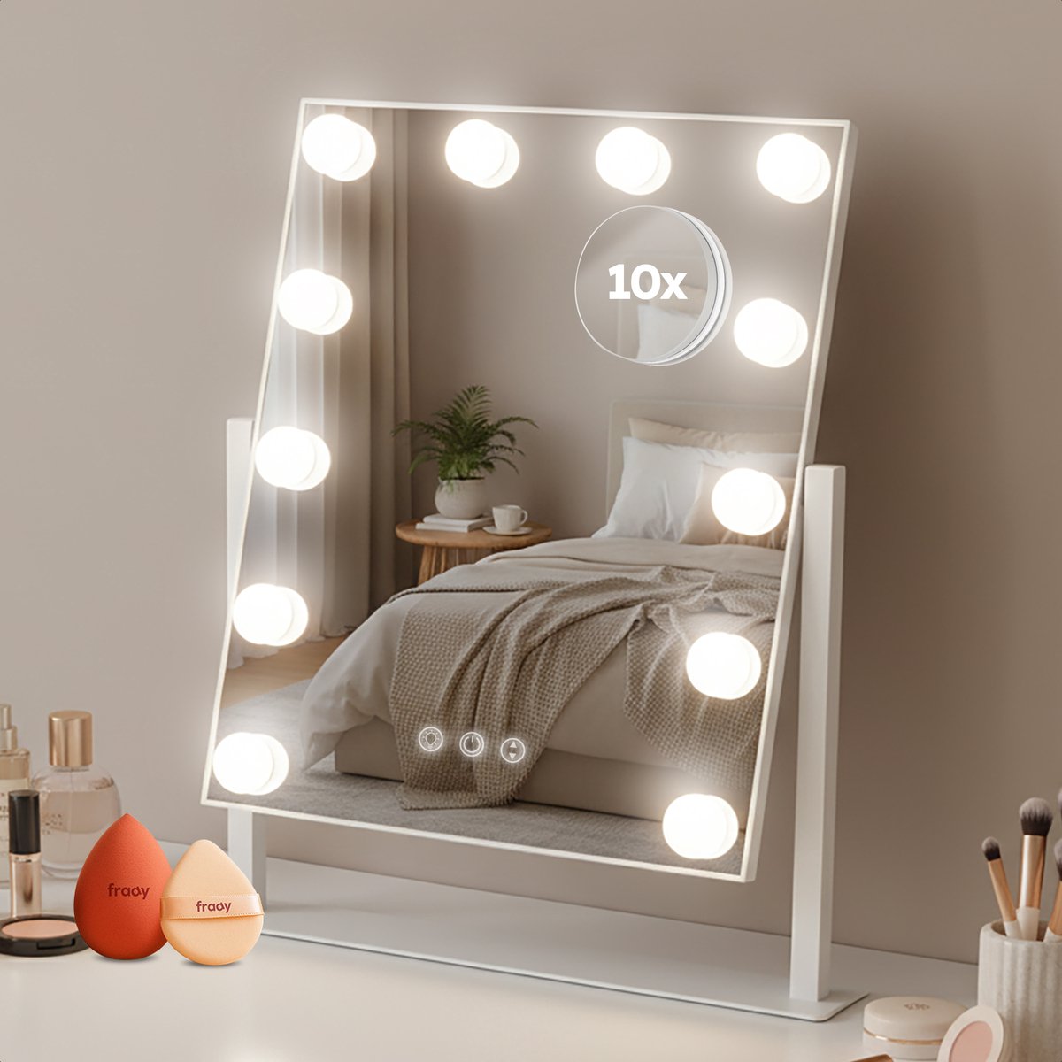 Fraay Hollywood Spiegel 41x30CM - met Beauty Blenders - 12x LED Lampen - 10x Vergroting - 3 Lichtstanden - Dimbaar - Smart Touch - Hollywood Spiegel met Verlichting - Spiegel met Verlichting - Make Up Spiegel - Visagie Spiegel - Vanity Mirror