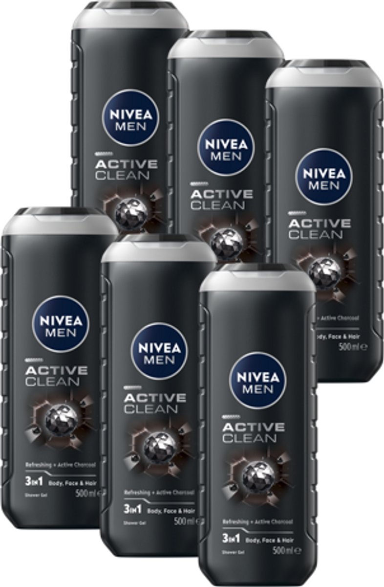 NIVEA MEN Active Clean - 6x 500 ml - Voordeelverpakking - Douchegel