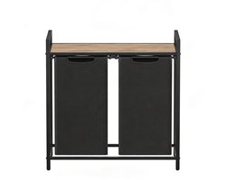 Dubbele wasmand opbergmand vuilewasmand 73×33×72 cm naturel+zwart met streepjes-opbergrek en uittrekbare afneembare binnenzak stevig metalen frame verstelbare poten multifunctioneel kledingorganizer geschikt voor wasruimte badkamer en slaapkamer