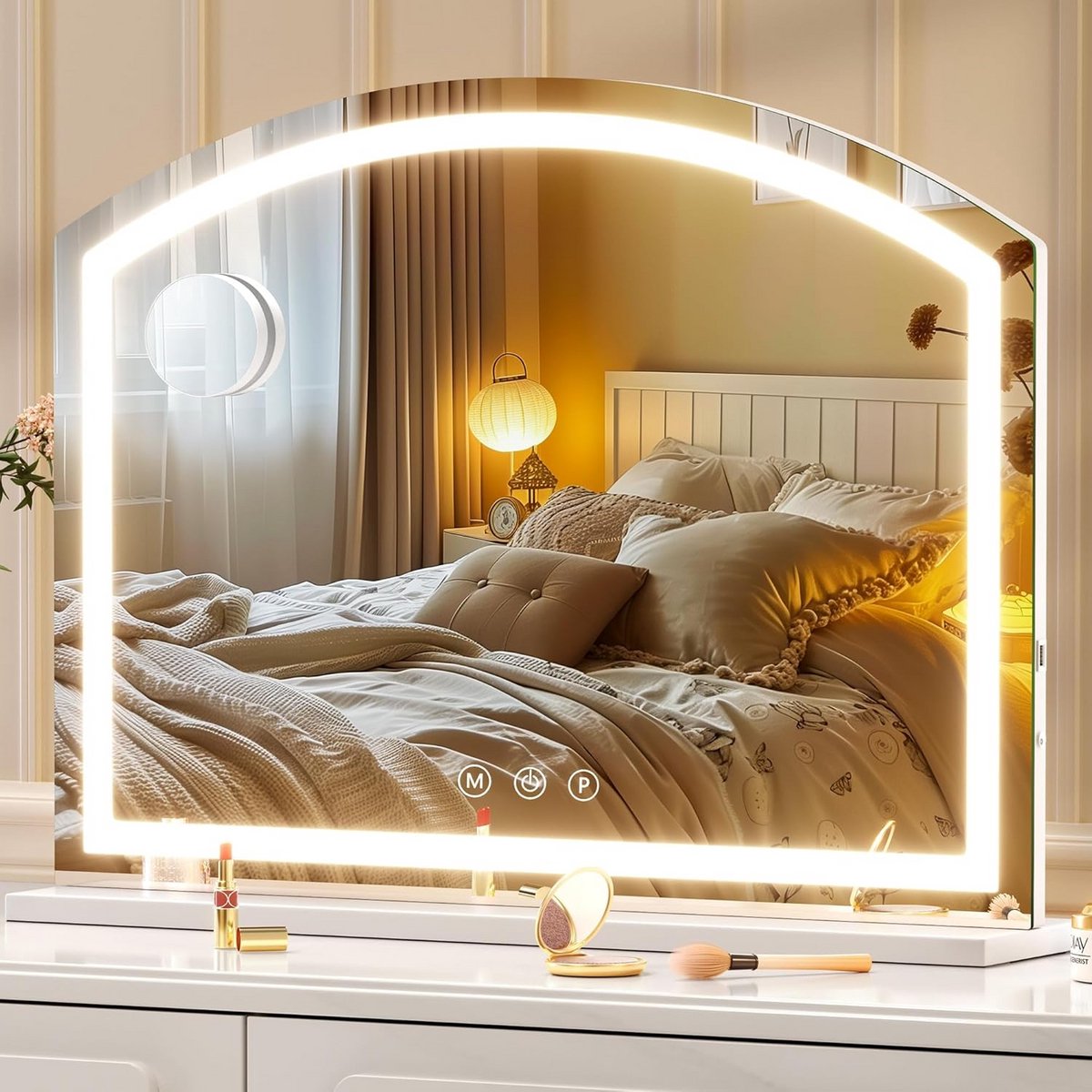 Ronde LED Make-up Spiegel met Verlichting en Opbergvakken - 80x60 cm Dimbaar Driekleurig Spiegel voor Tafel of Wandmontage
