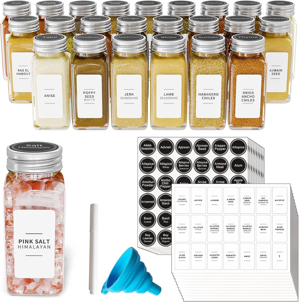 SpaceAid 24 Stuks 118ml Glazen Kruidenpotten - Trechter + Labels Inbegrepen - Minimalistische Boerderijstijl