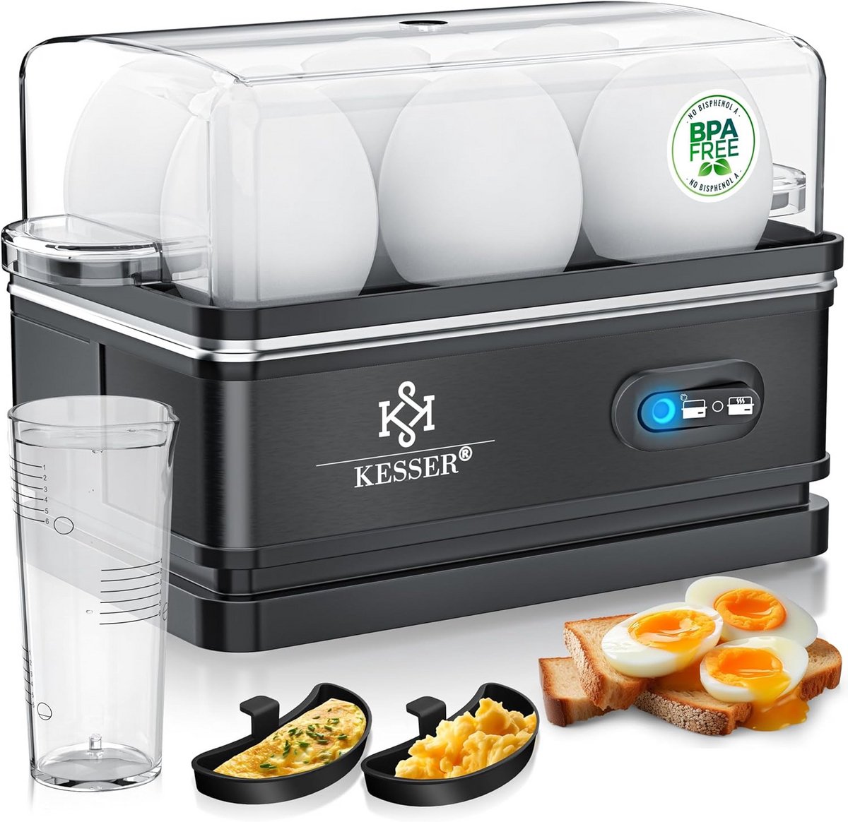 Elektrische Eierkoker voor 6 Eieren met Warmhoudfunctie en 3 Hardheidsstanden Stainless Steel