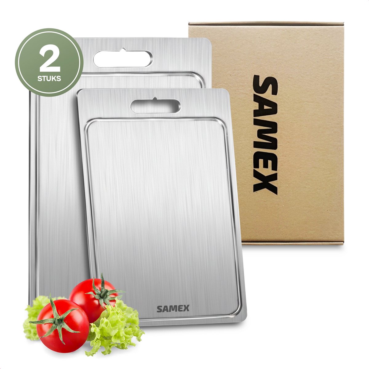 Samex® Snijplankenset - Titanium Gestabiliseerd Roestvrij Staal - Met Sapgeul - 2 Snijplanken - Vaatwasserbestendig - 36x25cm + 20x29cm - Cutting Board - Chopping Board - Antibacterieel