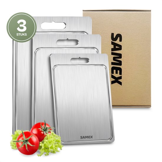 Samex® Set de planches à découper - Acier inoxydable stabilisé au titane - Avec rainure à jus - 3 planches à découper - Lavable au lave-vaisselle - Planche à découper - Antibactérien - 36x25cm + 29x20cm + 25x15cm