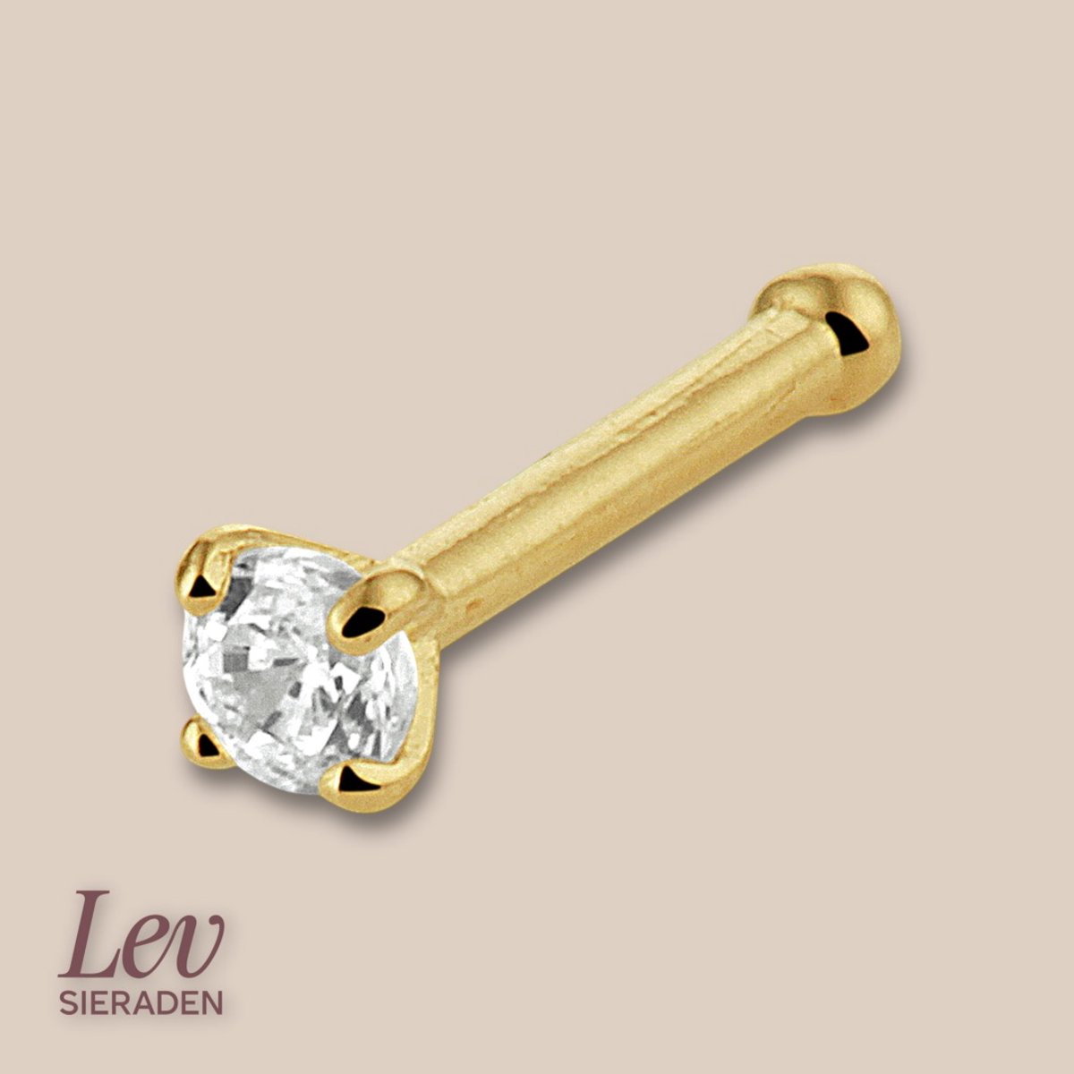 Lev Sieraden - 14 Karaat geelgoud neus piercing met Zirkonia steen - Neus knopje - Stud piercing