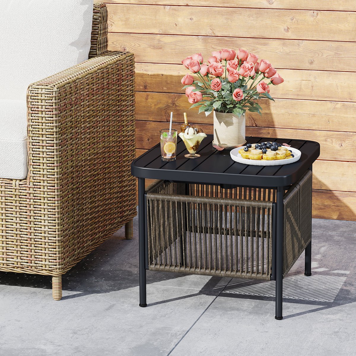 COSTWAY Bijzettafel voor buiten, weerbestendig, rotan tuintafel met paraplugat, kleine balkontafel, koffietafel voor tuin, balkon, terras, 56 x 56 x 49 cm thumbnail 7