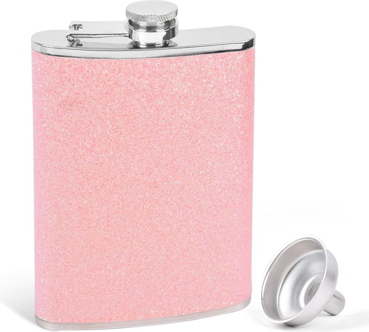 Stunq® 8oz roze glitterheupfles, kleine roestvrijstalen heupfles met trechter voor vrouwen, draagbare whisky, alcoholheupfles voor wandelen, kamperen, feest (lichtroze)