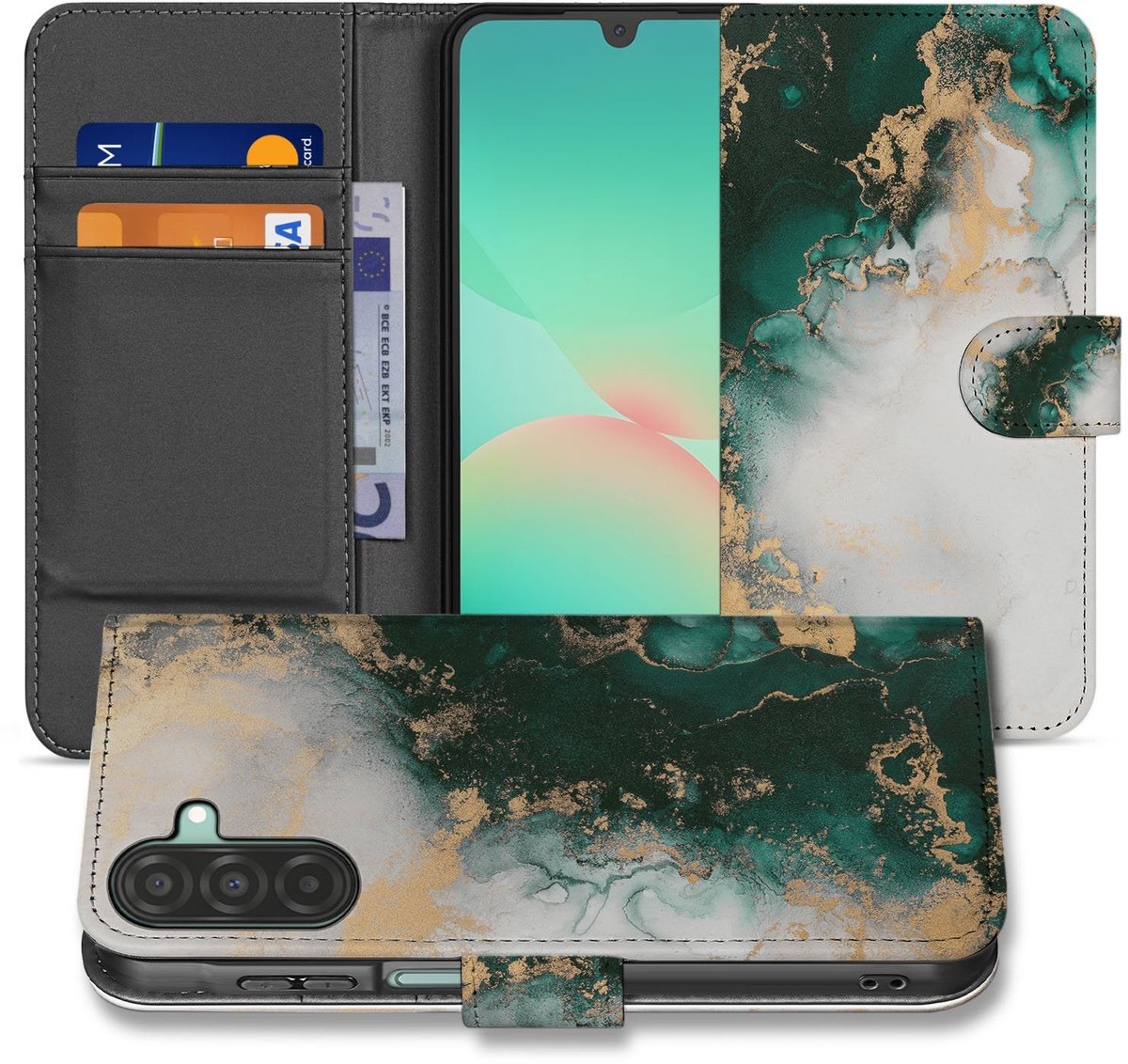 Bookcase Hoes Samsung Galaxy A17 Marmer Groen PU Leer 3 Pasjes