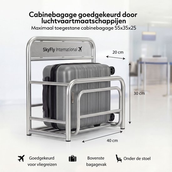 Zilveren koffer in een rek met afmetingen 55x35x25 cm, goedgekeurd voor handbagage. Bevat afmetingen en pictogrammen.