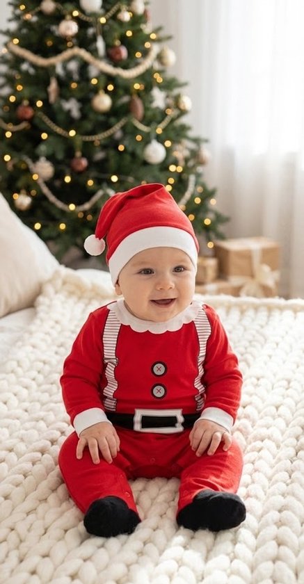 Een lachende baby in een kerstman romper met bretels en muts, zittend op een plaid bij een kerstboom.