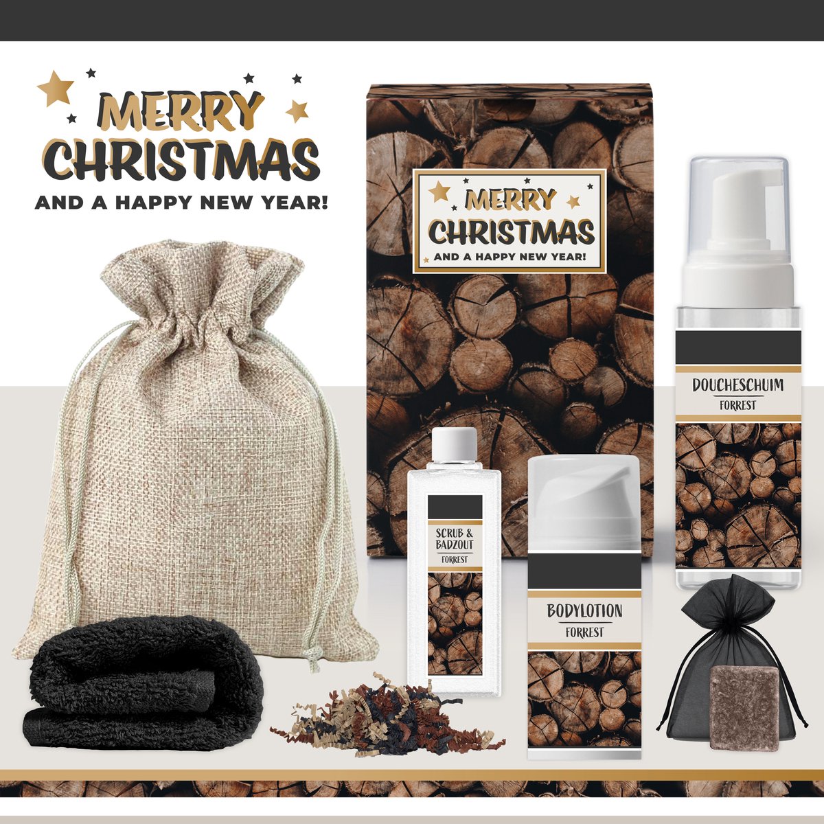 Geschenkset "Merry Christmas And A Happy New Year!" - 6 Producten - 540 gram - Triomf Cosmetica | Luxe cadeauset voor hem Kerstpakket Cadeau Gelukkig Nieuwjaar Jaar 2025 Eindejaarsgeschenk man Pakket fijne Jaarwisseling Oud Nieuw Forrest Bruin